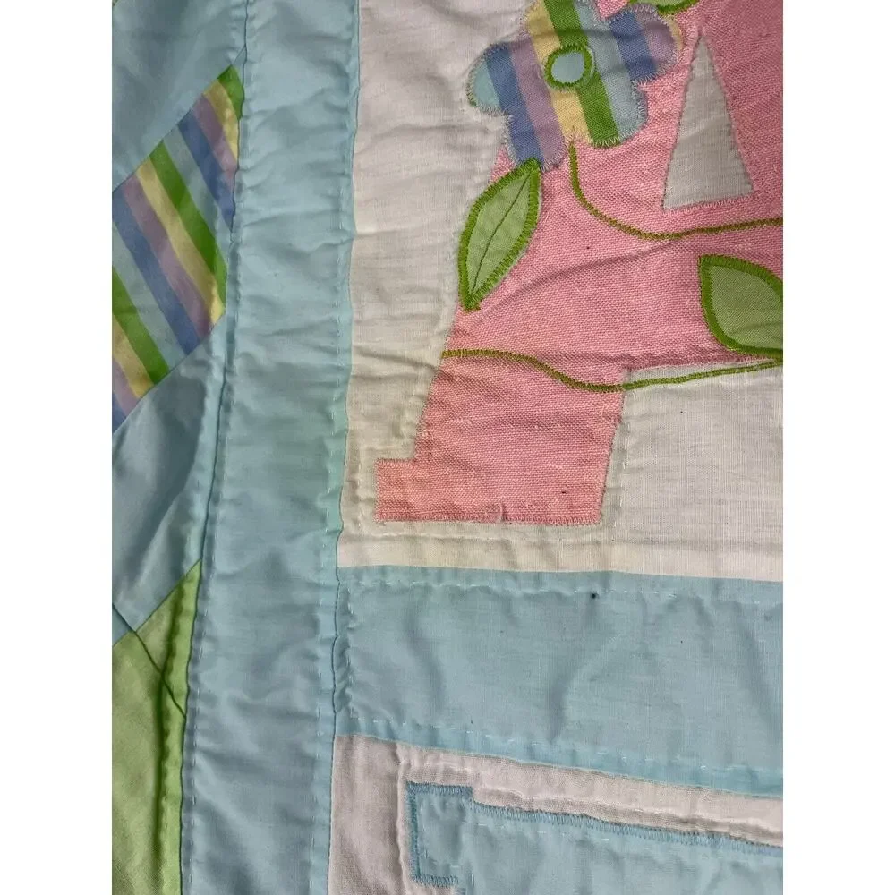 Vintage homemade ABC baby quilt nursery Apple Bear Cat Pink Blue Green